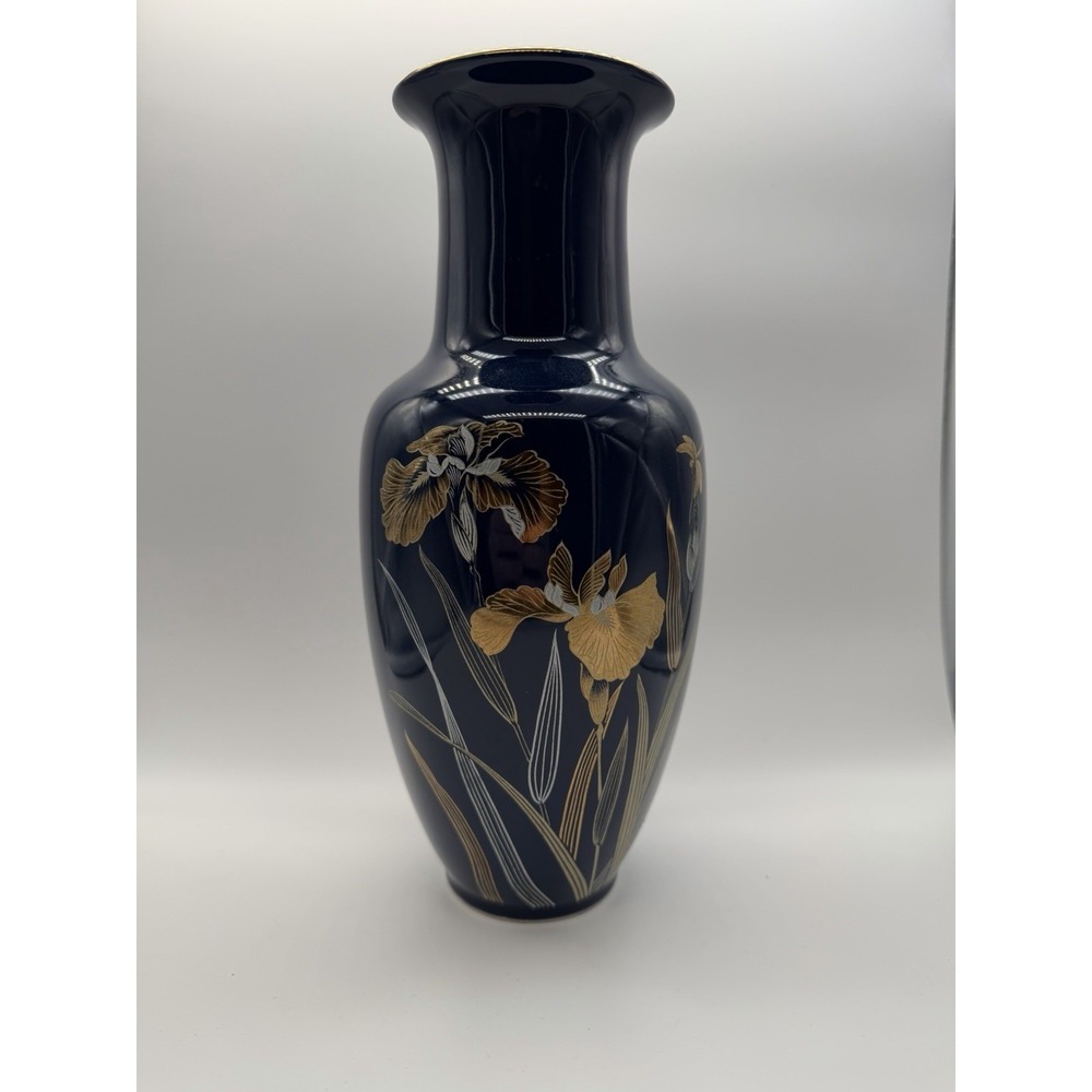 Vintage 9" Japanese Deep Blue Vase With Gold and White Bearded  Iris Motif